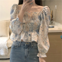 2021 New early autumn French niche square collar floral one-word collar shoulder shoulder chiffon shirt womens high waist short top