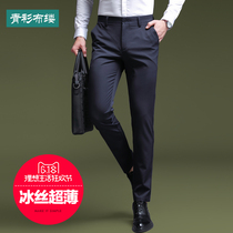 Men's pants summer thin elastic ice silk slim legged trousers no iron polyester business casual pants men