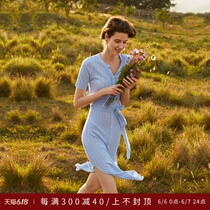 Ice silk dress thin 2020 summer vertical stripe short sleeve waistband tie temperament medium long straight tube knitted skirt