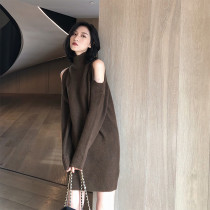 With coat small high collar with sweater skirt women's long sexy off-the-shoulder knit base dress in autumn and winter
