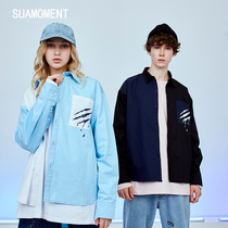 Suamoment scratch generation blood claw color contrast splicing shirt men's long sleeve hip hop loose trend couple shirt