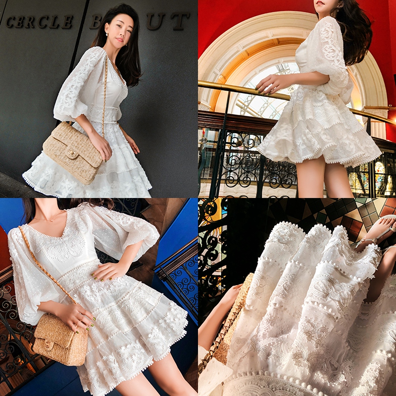 春季2018新款女装超仙气质收腰女神范蕾丝连衣裙子灯笼袖小香风裙
