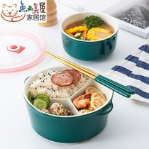Ceramic compartment lunch box office worker with rice preservation bowl separated microwave oven heating sealed bento box set with lid
