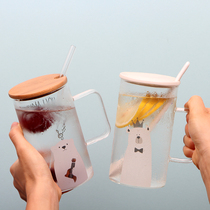 Creative cute large cup straw with lid spoon Large capacity high temperature resistant glass office household men and women student cup