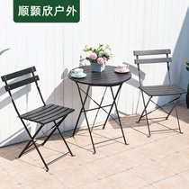 Outdoor minimalist folding balcony table and chairs Three sets outdoor tea table combined plastic wood garden modern leisure table and chairs
