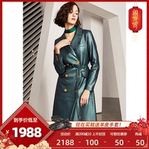U. N.q large brand design Turkish high quality sheep leather long double breasted high grade leather leather coat for women