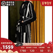 U. N.q Vintage lamb wool collar slim fit mid length contrast stripe tweed coat down coat girl