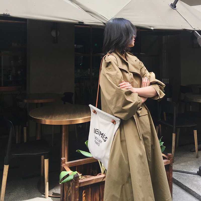 MRS過膝chic外套2018春秋新款系帶A型擺覆片大牌棉質中長款風衣女