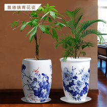 Jingdezhen blue and white porcelain flowerpot hair tree Phoenix anemone orchid Chinese hand-painted peony ceramic high flowerpot with tray
