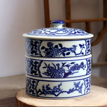 Porcelain Jingdezhen ceramic blue and white porcelain three-layer snack jar American European style Chinese ornaments model room candy box