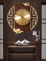 New Chinese style solid wood decorative wall clock light luxury quartz pure copper wall watch living room wall clock home perpetual calendar clock