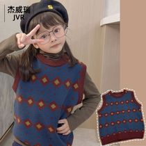Autumn dress new childrens clothing loose Joker round neck sleeveless flower knitted vest children color color vintage sweater vest