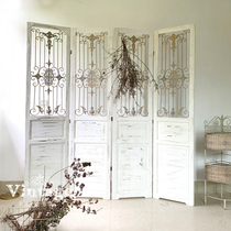 Vintage old solid wood Wrought iron screen American folding screen Living room entrance decoration partition clothing store studio background