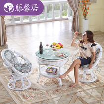  European-style light luxury real rattan chair coffee table three-piece Nordic simple leisure balcony small table and chair combination rattan swivel chair