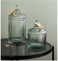 ins wind transparent glass green butterfly jar jewelry jewelry cotton swab storage box embossed European-style storage storage