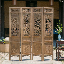 Chinese style old screen folding mobile living room office partition Solid wood antique camphor wood hollow folding screen decoration