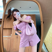 Q women's one shoulder one-piece pants women's summer wide leg shorts high waist show thin casual waist foam sleeve off shoulder suit