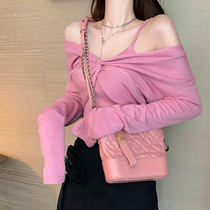 Q women's long sleeve knitted bottoming shirt women's loose inside strap vest two piece set 2020 spring new set
