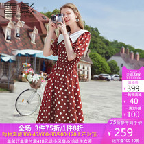 香影红色波点连衣裙女2020夏季新款赫本风中长收腰显瘦娃娃领裙子