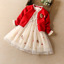  Childrens clothing girl princess dress 2021 autumn new childrens knitted cardigan little girl long-sleeved dress two-piece set