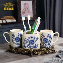 American blue and white porcelain ceramic bathroom five-piece bathroom toothbrush mouthwash Cup kit household brush Cup wash set