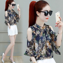 Super fairy top womens chiffon shirt slim 2021 new summer leaky shoulder flared sleeve ruffle floral womens shirt