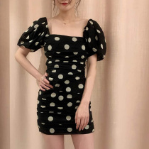 Girl wind black chiffon dress 2021 new summer temperament goddess fan sexy French square collar pleated skirt