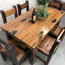 Old boat wood dining table and chair combination log table new Chinese outdoor rectangular solid wood restaurant Home dining table