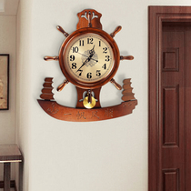 Large American solid wood living room clock helmsman mute wall clock European creative retro clock Chinese style wall clock