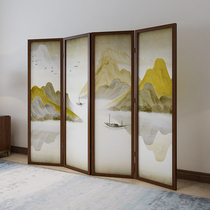 New Chinese style screen partition Living room folding mobile tea room office Modern simple decoration Solid wood landscape folding screen