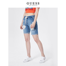 GUESS2020新款夏女士时尚系带卷边破洞磨白牛仔短裤-Q0PD16R34R3