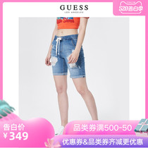 GUESS2020新款夏女士时尚系带卷边破洞磨白牛仔短裤-Q0PD16R34R3