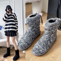 TATA JIDI he her base snow boots women wool leather wool one-piece knitted plus velvet padded height womens cotton shoes