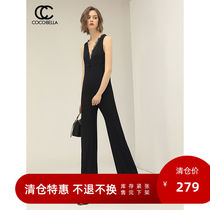 COCOBELLA设计师款连体裤女蕾丝拼接V领无袖直筒阔腿裤PT613