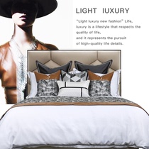Original model room decorated with brown leather bedding high-end villa hotel modern model room bed products light luxury