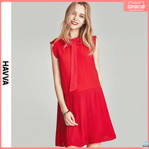 Havva2020 summer new pleated skirt loose temperament bow red chiffon dress women q4079