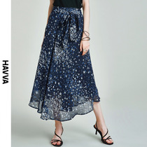 Havva2020 summer new star sky blue yarn skirt high waist a word medium length floral skirt female q52110