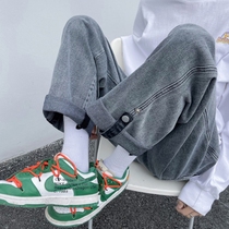 European and American hiphop mop pants men fall feeling autumn button oversize straight jeans vintage tide