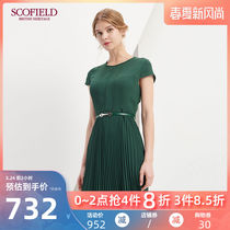 Scofield women's elegant pleated skirt commuter medium length slim short sleeve dress sfow82510q