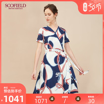 Scofield women's chic print waist lace up slim short sleeve dress new sfow92607q