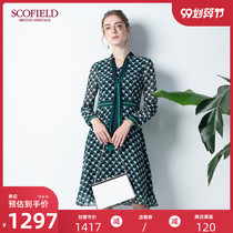 SCOFIELD Women's Fall 2020 New Elegant Lace-up Geometric Print Waist Dress SFOWA8704Q