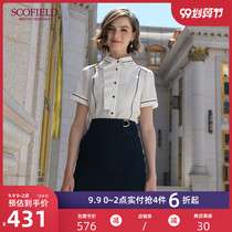 SCOFIELD women's spring and summer style organ pleats design contrast line short-sleeved white shirt female SFBA92507Q