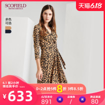 Scofield women's spring and summer leopard print slim fit lace up medium length dress sfow93707q