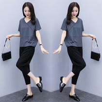 Cotton and hemp youth age reducing suit new women's loose short sleeve two piece set 7-point Harun pants trend in summer 2020