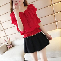 2020 fat MM new chiffon top women's large size loose and thin short-sleeved women's chiffon shirt one word collar small shirt