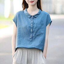 90 cotton literary retro loose shirt women imitation cotton hemp 2019 summer new short-sleeved doll collar fashion age-reducing top