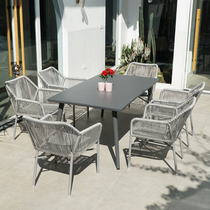 Outdoor table and chairs courtyard minimalist casual table and chairs open-air garden rattan choreography table and chairs Nordic creative rattan chair umbrella composition