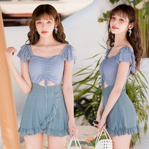Conservative swimwear women Korean version of ins Wind conjoined flat corner skirt conservative color color hot spring swimsuit factory