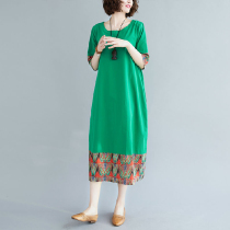 2021 summer dress national style retro fashion color matching mosaic print short sleeve dress loose age Medium-length dress women