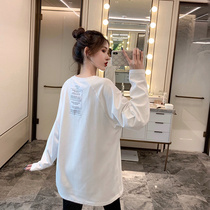 2021 autumn and winter new womens cotton long base shirt round neck with loose white long sleeve T-shirt women